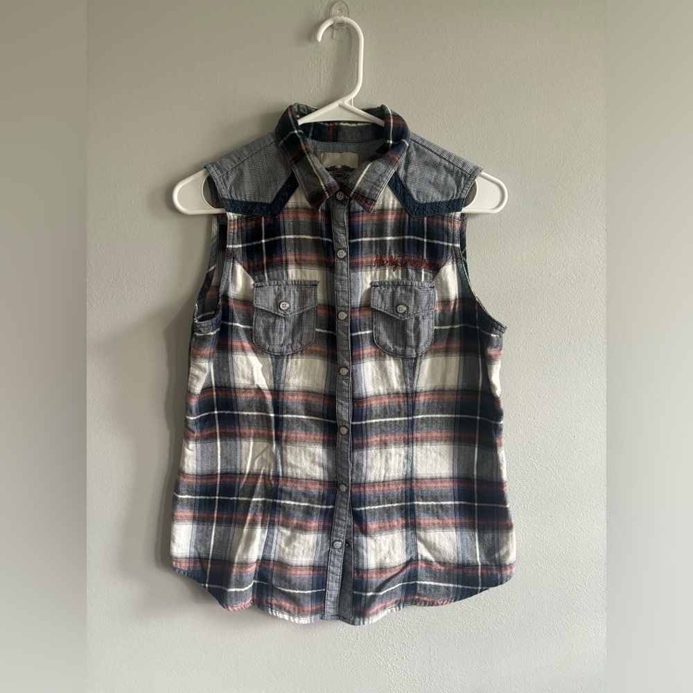 Harley Davidson Sleeveless Flannel Snap
Button Down Shirt Y2K M
